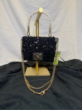 Badgley Mischka Black Sequin Top-Handle Clutch with Gold Chain